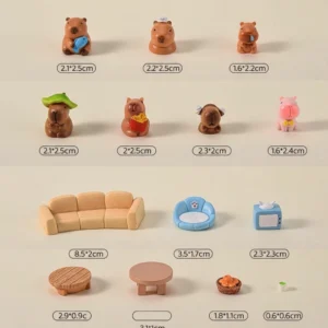 16-teiliges Capybara Mini Figur Set mit allen Figuren und Szenenzubehör mit Größenangaben