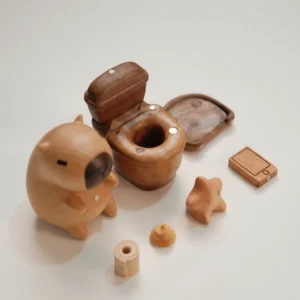 7-teilige modulare Capybara Figur auf Toilette mit Holzmaserung, magnetisch zerlegbar und zusammengebaut, Capybara Figur hält Smartphone