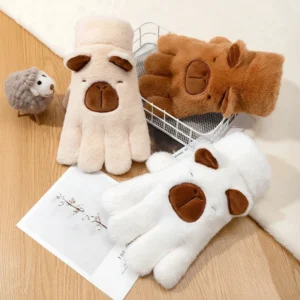 Alle drei Farben der Capybara Plüsch Handschuhe: Weiß, Beige und Braun mit besticktem Gesicht und 3D Ohren