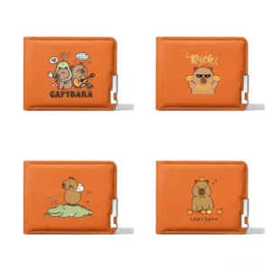Alle 4 verfügbaren Capybara Motive der texturierten orange Capybara Bifold Geldbörse