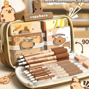 Aufgeklappte Capybara Federtasche mit 9 Stauraum-Schichten