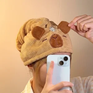 Beiges Capybara Haartrockentuch mit 3D Ohren und gesticktem Gesicht