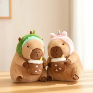 braunes boba tea capybara kuscheltier hält bubble tee becher