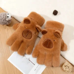 Braune niedliche Capybara Plüsch Handschuhe, weich warm für den Winter
