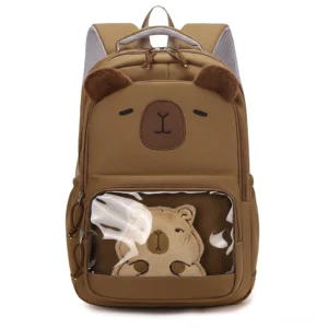Brauner Capybara Kinderrucksack mit Plüschohren und durchsichtiger Vordertasche