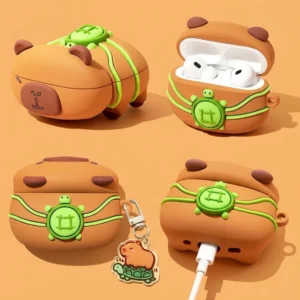 Capybara AirPods Hülle aus Silikon mit Schildkröten-Rucksack und Acryl-Anhänger für AirPods Modelle