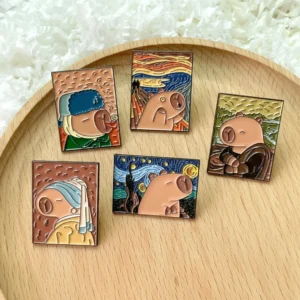 Capybara Anstecknadel Emaille 5er Set berühmte Kunst Parodie mit Van Gogh, Munch, Vermeer, Da Vinci Motiven