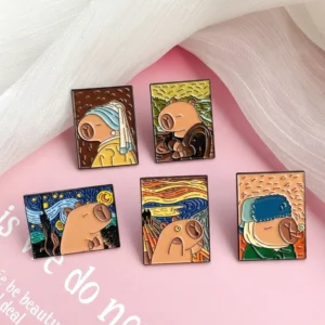 Capybara Anstecknadel Emaille 5er Set berühmte Kunst Parodie mit Van Gogh, Munch, Vermeer, Da Vinci Motiven