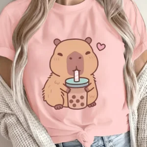 Süßes Capybara Bubble Tea T-Shirt grau, Vorderansicht
