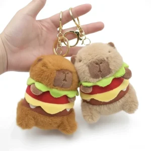 Zwei Capybara Burger Plüsch-Schlüsselanhänger in braun und beige werden in der Hand gehalten, mit goldenen Metallverschluss