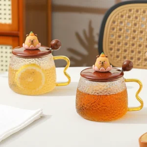 Capybara Glas Tasse mit 3D Capybara Figur und Deckel, Zubehör