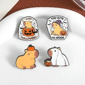 Vier halloween-themen capybara anstecknadeln mit verschiedenen motiven wie geist, hexe, kuerbis
