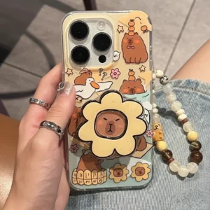 Niedliche Capybara Handyhülle mit Blumenständer und Perlenarmband 3-in-1 Set