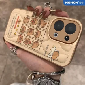 Nahaufnahme der Capybara Handyhülle mit Retro Capybara Gitter Design