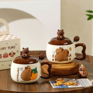 capybara keramik tasse mit 3d deckel und loeffel orange thema