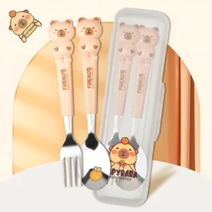 Capybara Kinder Besteck Set mit Edelstahl Gabel Löffel und Reisebox