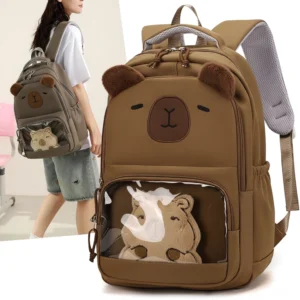 Großer Capybara Kinderrucksack für Schule mit durchsichtigem Ita-Bag Fenster Vorderansicht