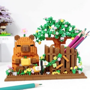 Capybara Klemmbausteine Stifthalter fertige Gartenszene mit Blumen und Baum