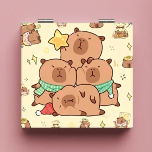 Quadratischer Capybara-Kompaktspiegel im Design Rosa Self-Care mit Spiegel-Doodle und Regenbogen