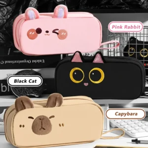 Niedliches Capybara Mäppchen mit Stickerei und 3D Plüsch Ohren, Federtasche für Capybara Fans