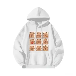 Capybara Moods Hoodie mit neun verschiedenen handgezeichneten Capybara Emojis