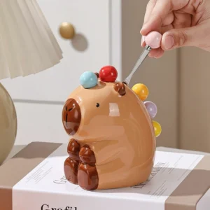 Capybara Obstgabel Set mit Keramikhalter und sechs farbigen Edelstahlgabeln