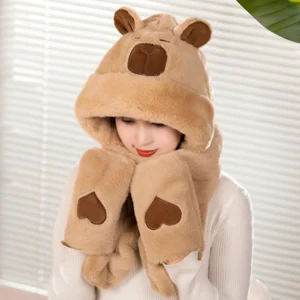 Capybara Plüsch Mütze Schal Set für Erwachsene, 3-in-1 Winter Set