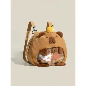 capybara pluesch rucksack mit durchsichtigem ita fenster, detailansicht der gestickten capybara gesicht
