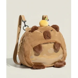 capybara pluesch rucksack mit durchsichtigem ita fenster, frontansicht der suessen capybara tasche