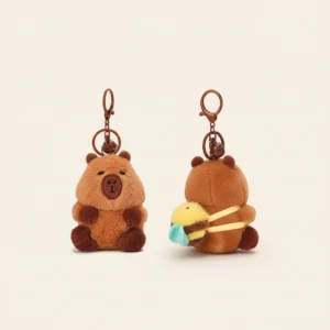 Capybara Plüsch Schlüsselanhänger mit gelb braun gestreiftem Bienen Rucksack und kleinen Flügeln, Rückansicht
