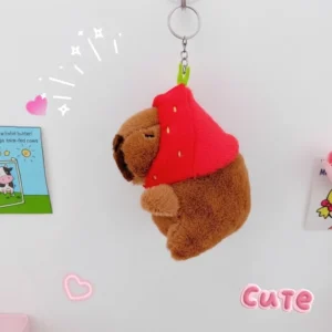 Capybara Plüsch-Schlüsselanhänger mit Erdbeerhaube, süßer Capybara Plüsch-Anhänger