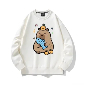 Vorderansicht blauer Capybara Pullover mit blauem Fisch und Yuzu Orange Motiv