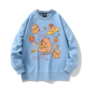 Detailansicht des Capybara Pullovers mit Skater Capybara und Burger Motiv