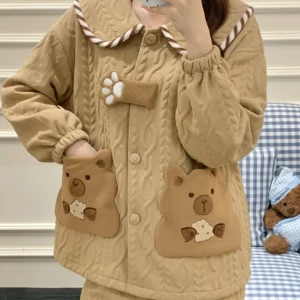 Capybara Pyjama Set, braunes kuscheliges Fleece Schlafanzug Set für Damen