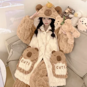 Capybara Pyjama Set mit 3D Orangendekor, gemütliches Fleece Capybara Schlafanzug