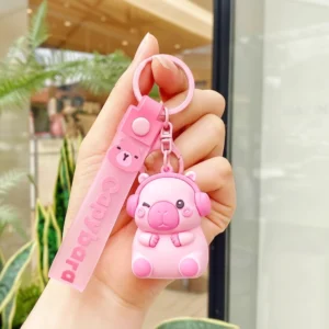 Capybara Schlüsselanhänger mit Kopfhörer Design, rosa Capybara Accessoire