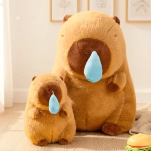 lustiges braunes capybara schnodder kuscheltier mit einziehbarer blauer schnodderblase, zwei größen im vergleich