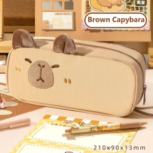 Beige Capybara Federtasche mit Stickerei und 3D Plüsch Ohren, Capybara Mäppchen