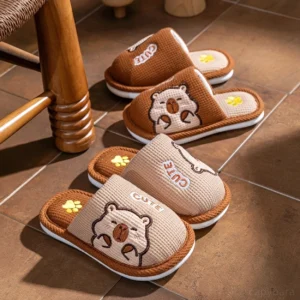 Beige Capybara Waffelstrick Hausschuhe mit niedlicher Stickerei