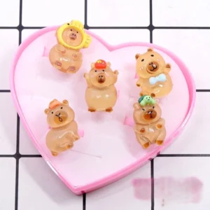 5er Set drehbare Capybara Ringe im niedlichen Herzkoffer, Capybara Spinner Fidget Schmuck
