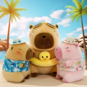 Drei verschiedene Sommerurlaub Capybara Kuscheltier Varianten: Hawaiian Tourist, Pink Princess und Poolside Chiller