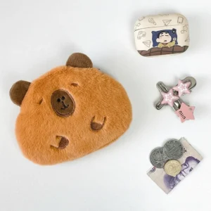 Flaches Plüsch Capybara Portemonnaie in Braun und Rosa, 13x10cm, Capybara Geldbeutel