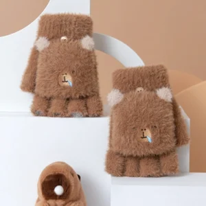 Flauschige Capybara Handschuhe mit schlafendem Gesicht und Schlafblase in Dunkel Kaffee