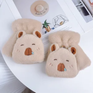 Flauschige Capybara Handschuhe in Lattebraun, wandelbare Fäustlinge mit blauer Schlafblase