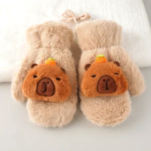 Flauschige Capybara Kinder Fäustlinge mit Verlustsicherung Schnur - warme Winter Plüsch Handschuhe mit Orangen Deko