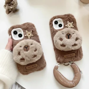 Flauschige Plüsch Capybara Handyhülle mit gepolstertem Handgurt, braun