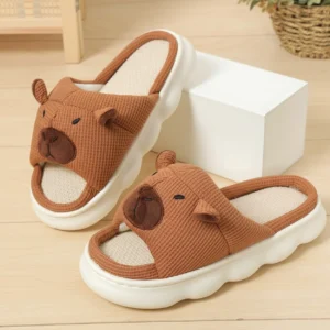 Graue 3D Capybara Waffelstrick Leinen Schlappen - niedliche atmungsaktive Hauspantoffeln