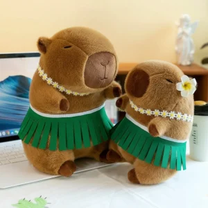 Braunes Hula Tänzer Capybara Kuscheltier mit grüner Hularöcke, Gänseblümchenkette und Plumeria Blume