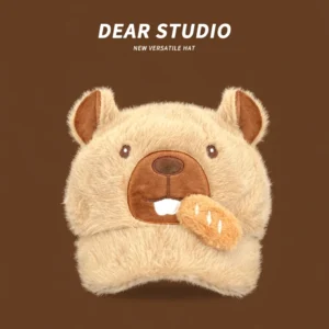 khakifarbene pluesch capybara baseballkappe mit 3d brot design