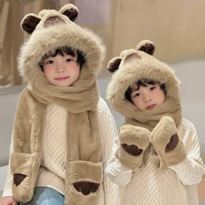 Kinder Capybara 3-in-1 Kapuzen-Schal mit Handschuhen, braun